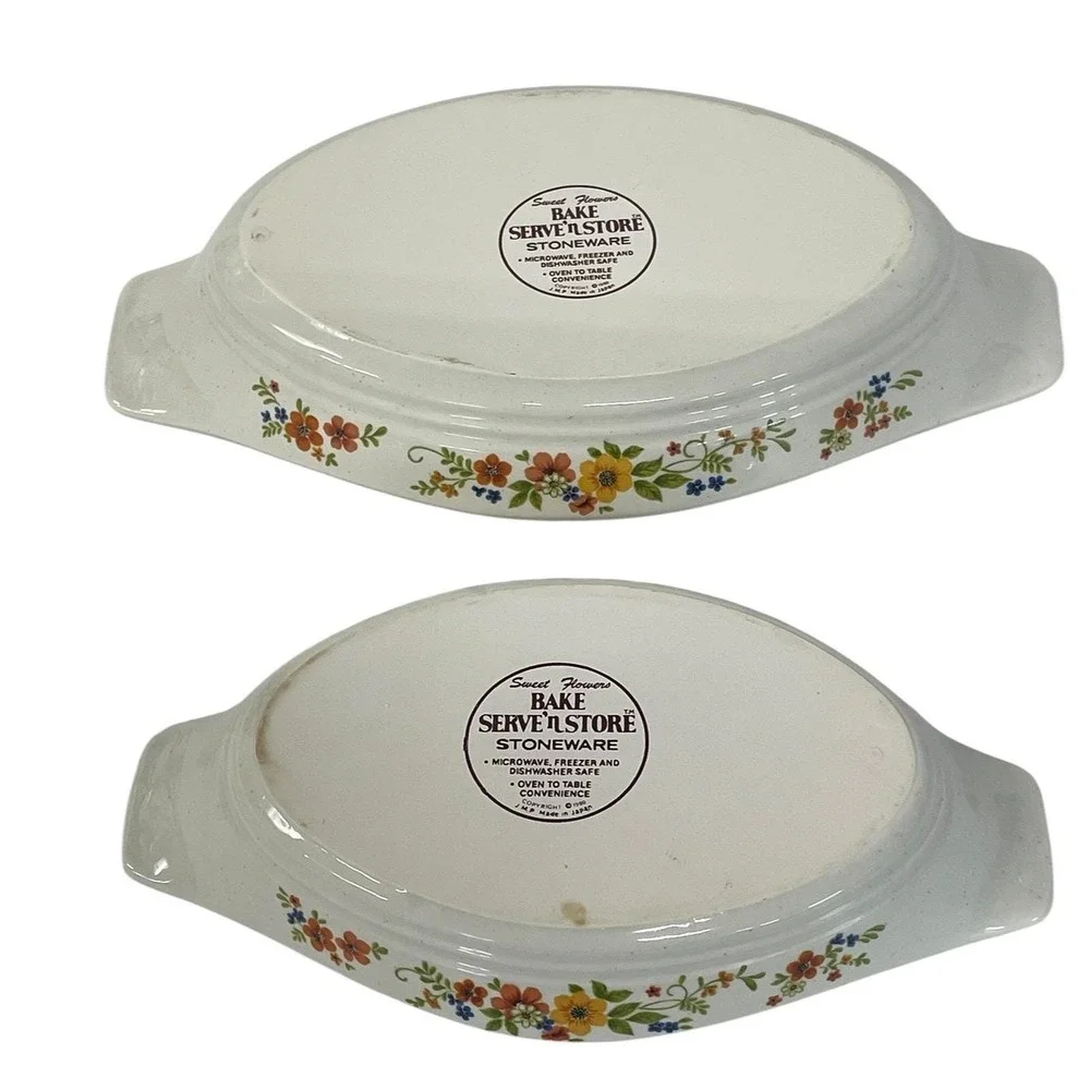 Vintage Sweet Flowers Bake Serve'n Store Stoneware Casserole Dishes Set of 2